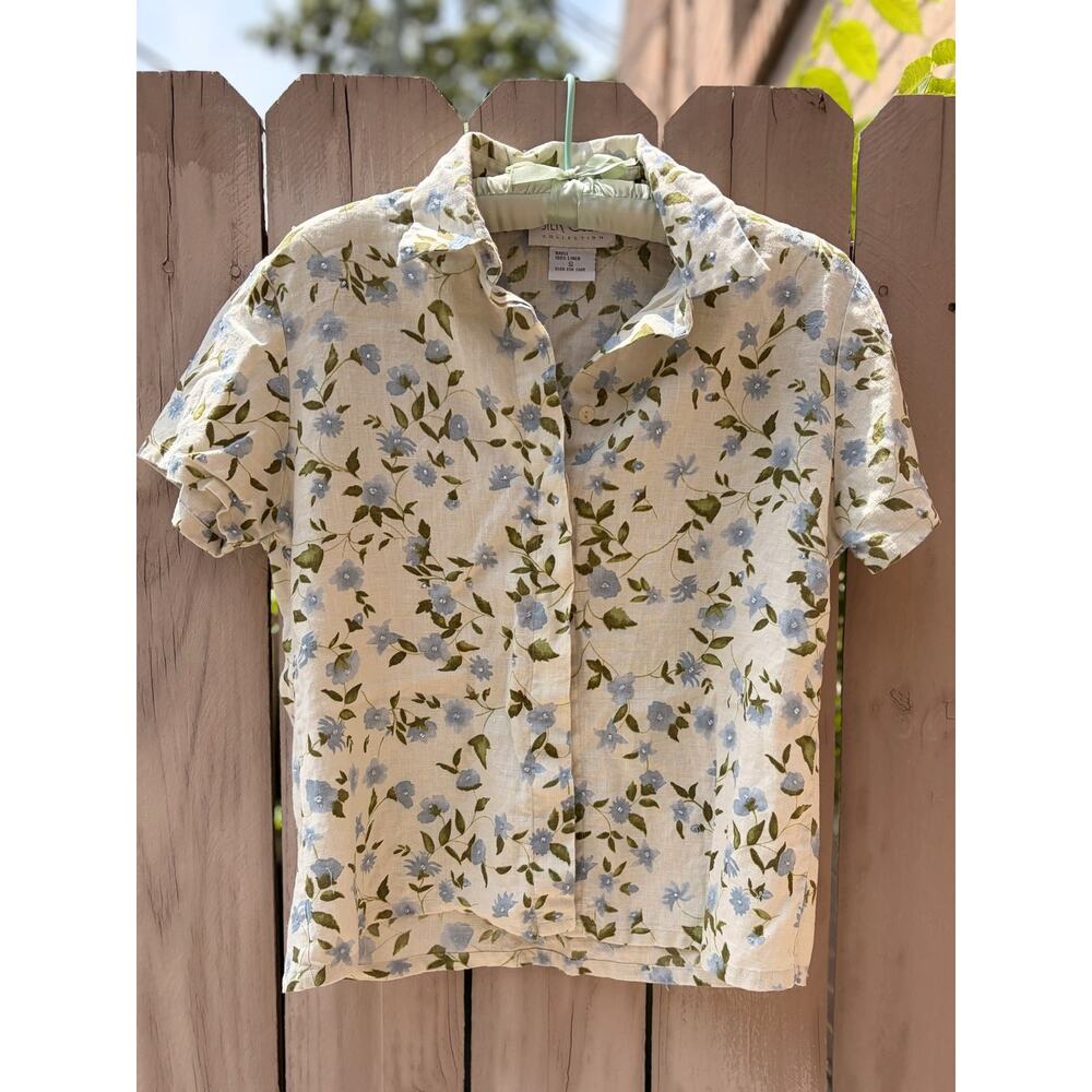 Silk Club Collection Beaded Floral Linen Shirt